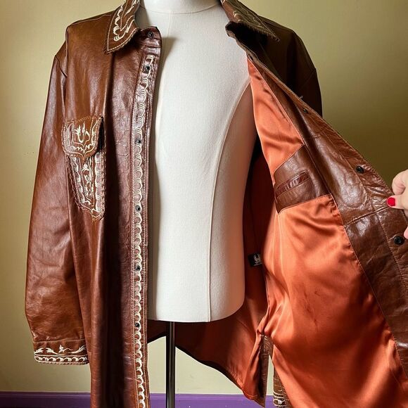 Vintage Ira Hoss Western Leather Jacket XXL Brown Tooled Embroidered Shacket - Picture 8 of 16